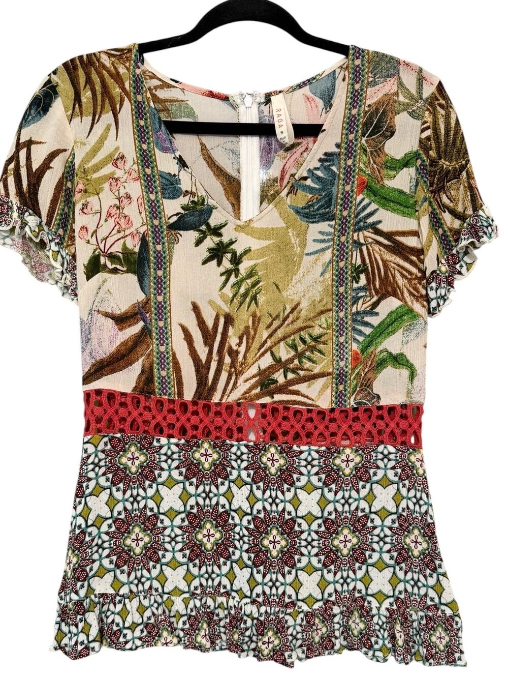 Anthropologie Raga Artful Boho Floral Top Crochet Waist Zip Back Tropical